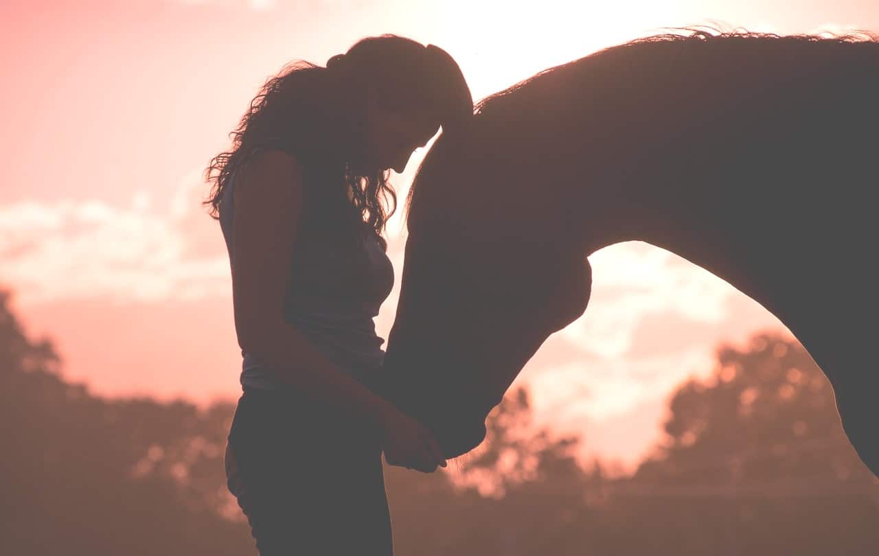 A poem by Tricia McCallum April 2, 2020. A woman standing with a horse at sunset.