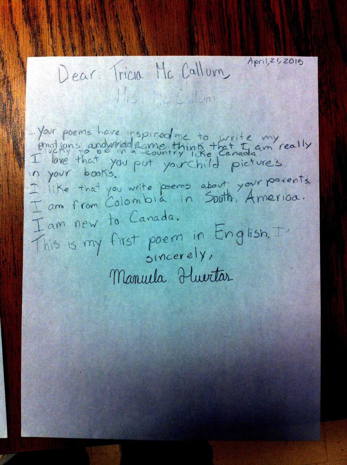 letter from Colombian child about my poetry.